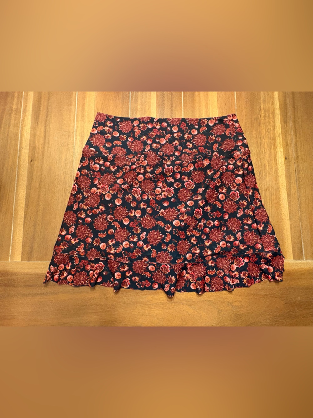 Albion Black Mini Skirt with Red Floral Print and Ruffle Hem - Picture 2 of 3